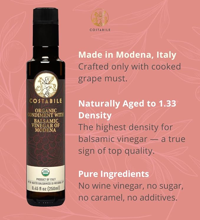 Costabile Modena Balsamic Vinegar Organic Barrel Aged ??Made in Italy, Rich Flavor, Natural Ingredients, Thick Texture, Gourmet Finish, Traditional Method - 8.45 Fl. Oz.