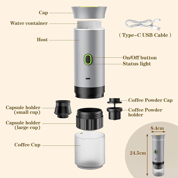 3-in-1 Portable Espresso Maker, Travel Coffee Maker, Self-Heating Car Coffee Maker with USB-C, Small Espresso Machine with Ground Coffee & Capsules (NS竊낪G) for RV, Hiking, Office (silver)