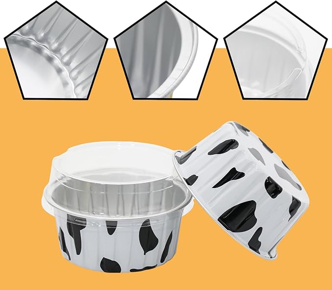 100 Pack 4.2oz Aluminum Cups with Lids Mini Flan Containers with Lids Cupcake Baking Cups, Cow Print