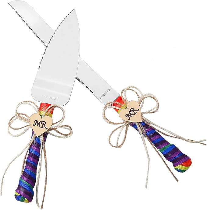 TANG SONG Set of 2 Mr & Mr Rainbow Gay Pride Flag LGBT Wedding Cake Knife and Serving Set with Rainbow Silk Ribbon and Heart Shaped Wood Tag Design Wedding Cake Knife (Set of 2)
