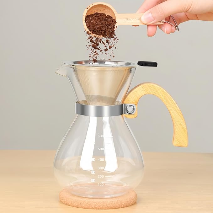 Pour Over Coffee Maker Set, with Double-Layer Stainless Filter and Wooden Handle, 20 oz 600ml Thickened Borosilicate Glass Pour Over Coffee Dripper for Home Caf챕