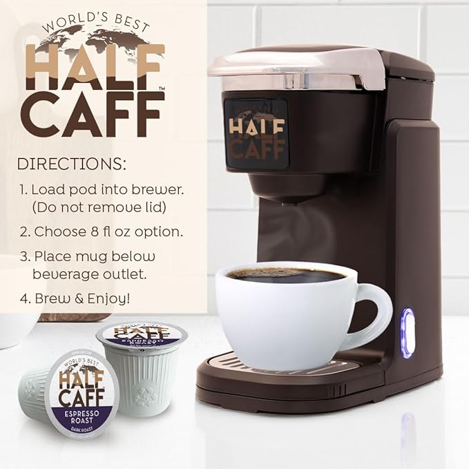 World's Best Half Caff Espresso Roast Coffee Pods, 18 ct, Dark Roast in Recyclable Single Serve Pods – 100% Arabica Coffee, Compatible with Keurig K Cups Maker