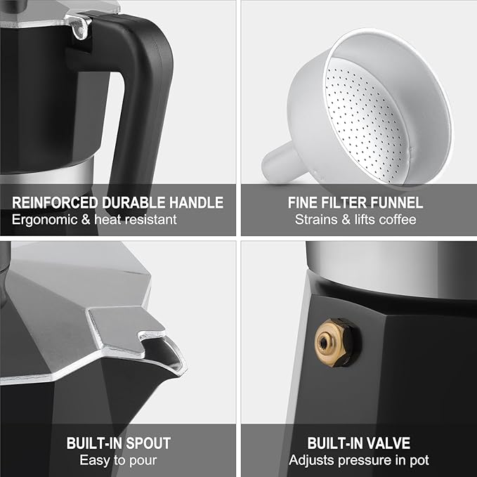Sivaphe Aluminum Moka Pot 3 Espresso Cups, Percolator Espresso and Coffee Maker, Portable Stovetop Italian and Cuban Cafì±?Brewer for Home and Camping Black