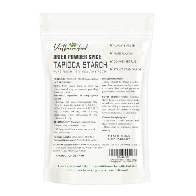 TAPIOCA STARCH 10.58 Oz (300g) VIETFARMFOOD: Natural pure, convection dried seasoning made from real vegetables - perfect for adding flavor to any meal, from cooking, baking, salads, soups, sauces