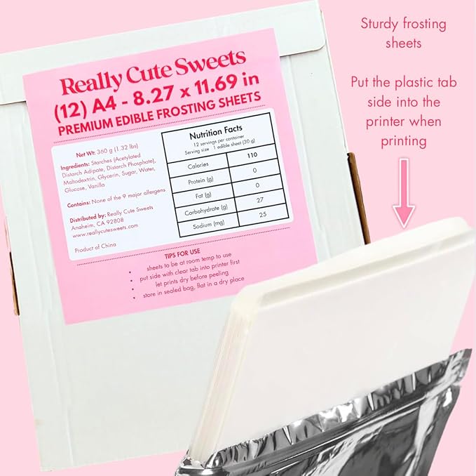 A4 Edible Frosting Sheets for Edible Printers by Really Cute Sweets - 12-Pack Premium Sugar Paper for Cake, Cookies, and Photo Decoration - White Edible Icing Sheets 8.3 x 11.7"