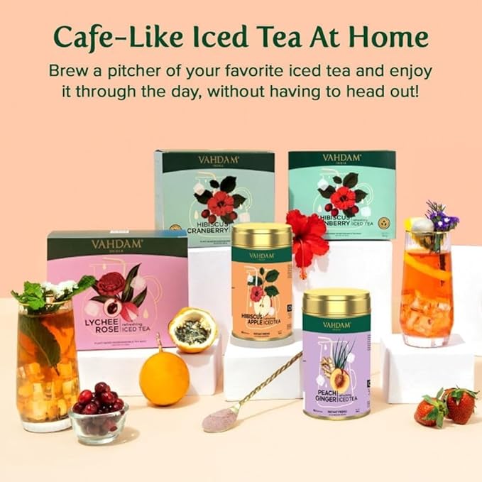 Hibiscus Apple Iced Tea Instant Premix (60 Servings/12 Quarts) Lightly Sweetened Iced Tea | Tarty Hibiscus & Sweet Apple | Best for Mocktails & Cocktails | Packed in Tin Caddy, 150g/5.29oz | VAHDAM