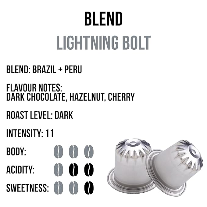 Jewel Coffee Specialty Coffee Pods - Lightning Bolt Blend, 100% Arabica Coffee, Intensity 11, Dark Roast, Compatible with Original Nespresso Machines, 100 Count (10 Boxes of 10 Espresso Pods)