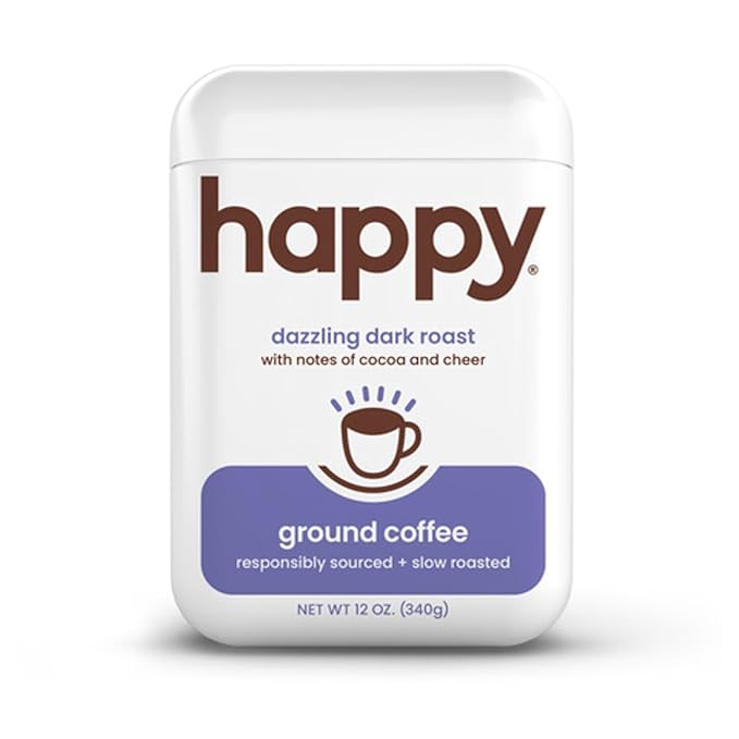 happy coffee dark roast ground coffee, 12 oz., notes of cocoa & cheer, recyclable container, grown & harvested in Brazil, Rwanda & Colombia
