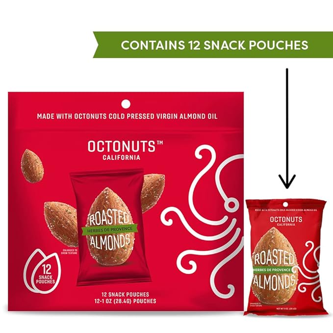 Octonuts Herbs de Provence Almonds – 12 Individually Wrapped Snack Packs (1oz Each), Healthy Snacks for Adults and Kids, Non-GMO, Keto and Gluten-Free, Roasted in Cold Pressed Olive Oil