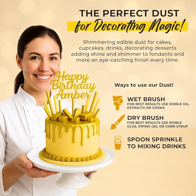 Luster Dust Edible Cake Decorations, Yellow Edible Luster Dust for Cupcake Decorations Edible Luster Dust for Drinks, Cake Drip, Yellow Fondant and Edible Paint for Cakes, Drink Glitter Edible Dust