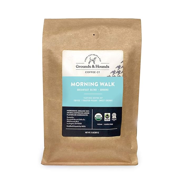 Grounds & Hounds Morning Walk Breakfast Blend - Ground, 100% Organic Coffee Grounds, Ground Coffee Medium Roast, Bulk Ground Coffee, 2lbs