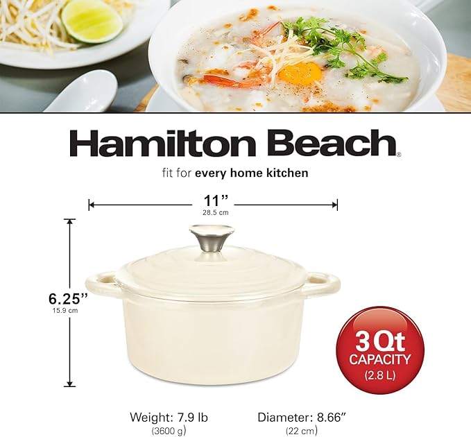 Hamilton Beach 3-Quart Enameled Cast Iron Dutch Oven Pot with Lid, Cream