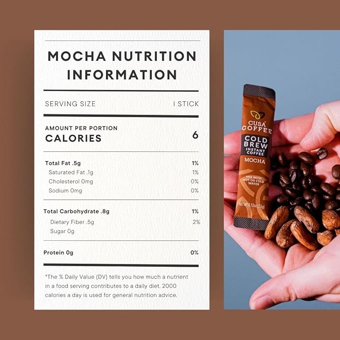Cusa Tea & Coffee, Mocha Cold Brew. Premium Instant Coffee, Rainforest Alliance Certified Arabica Beans. Drink Mix Packets Ready in Seconds, Makes Hot or Iced Coffee (30 Servings)