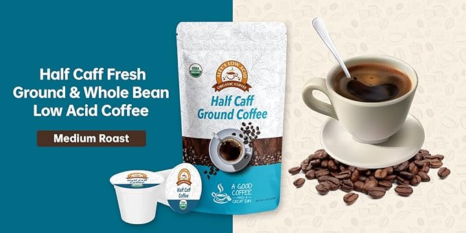 Alex's Low Acid Organic Coffee 12oz Bag - Half Caff Fresh Ground (Pack of 1)