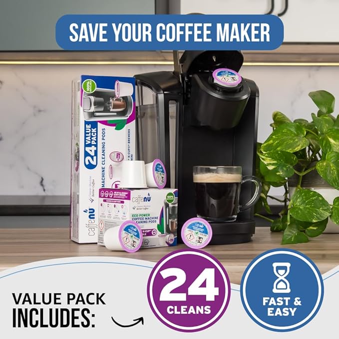 Keurig Compatible Cleaning Pods. 24 Rinse Pods Cleaner Kit. Eco Friendly, Removes Stale Coffee Residue & Stains. Keurig 1.0 & 2.0 Coffee Makers.
