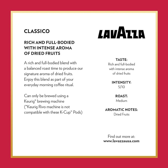 Lavazza Classico Single-Serve Coffee K-Cup® Pods for Keurig® Brewer, Medium Roast, Caps Classico, 32 Count (Pack of 4) Full-bodied medium roast with rich flavor and notes of dried fruit, Value Pack