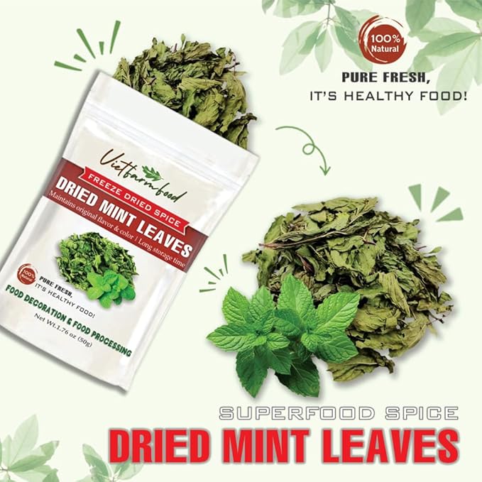 DRIED MINT LEAVES 1.76 Oz (50g) VIETFARMFOOD: Pure, natural freeze-dried spice made from real vegetables and fruits - perfect for enhancing every meal, from cooking, baking, salads, soups, sauces