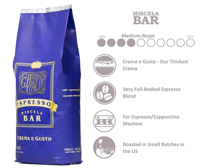Grande Italia Espresso; Small Batch Artisan Roasted: Bar, Crema e Gusto, Whole Bean (2LB Bag, Pack of 2)