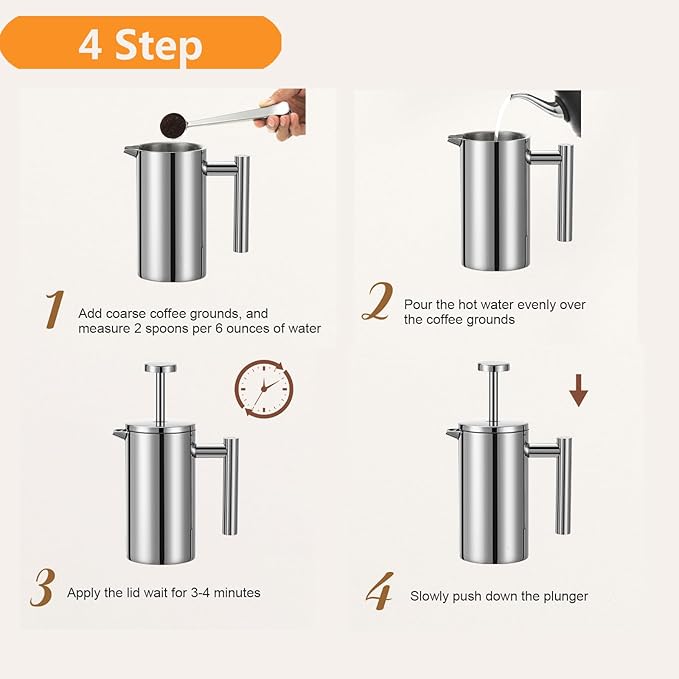 French Press Coffee Maker 34oz, Double-Wall Insulated French Press Stainless Steel 1L for travel camping, Included 2 Extra Screens and 1 Coffee Spoon ç«?-8cup 1000mlç«?,<div>
