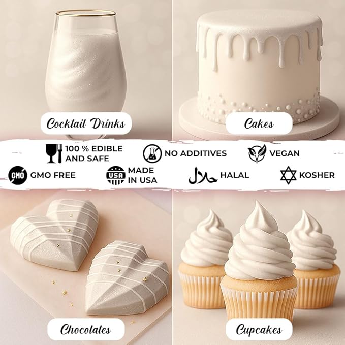Bulk (20g) White Luster Dust Edible Glitter for Cocktails | Premium Edible White Luster Dust for Cake Decorations - White Edible Glitter for Drinks Cupcakes Cookies Cakes Food Paint