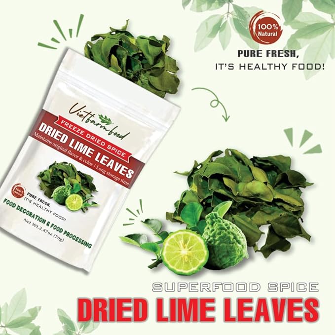 DRIED LIME LEAVES 2.47 Oz (70g) VIETFARMFOOD: Pure, natural freeze-dried spice made from real vegetables and fruits - perfect for enhancing every meal, from cooking, baking, salads, soups, sauces