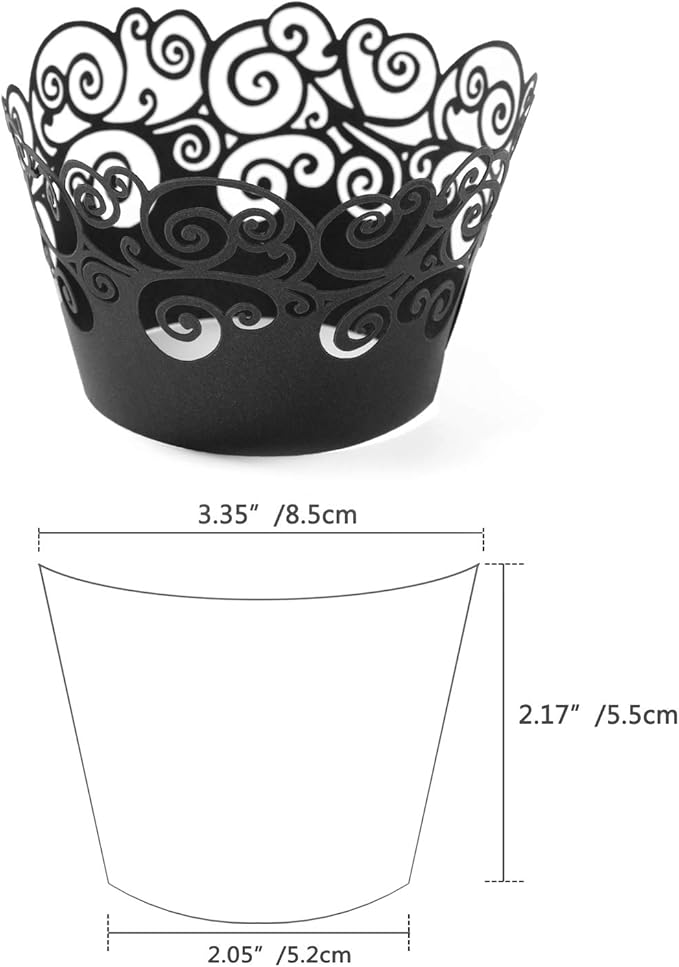 Cupcake Wrappers, KPOSIYA 50 Pack Cupcake Wraps Filigree Artistic Bake Cake Paper Cup Little Vine Laser Cut Liner Baking Cups Muffin Case Trays for Wedding Party Birthday Decoration (50, Black)