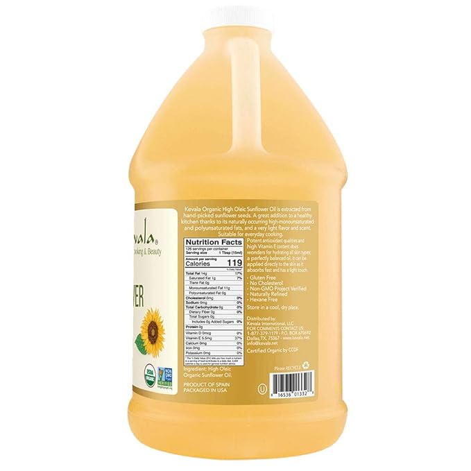 Kevala Organic Sunflower Oil - Oil for Cooking and Baking Processed in a Facility Free of Tree Nuts and Peanuts, Good Carrier for Essential Oils, Kitchen Pantry Staple for your Home, 64 fl oz, 1/2 gal