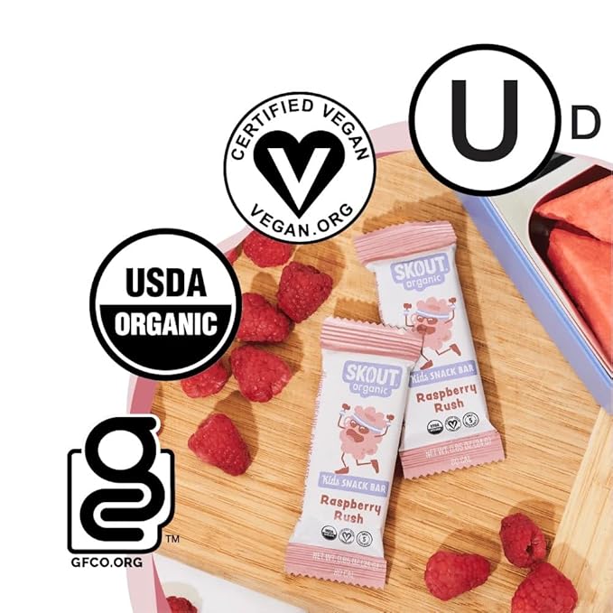 Skout Organic Raspberry Rush Kids Snack Bars (18 Pack) | Organic Kids Snack Bars | Plant-Based Nutrition, No Refined Sugar | Vegan | Gluten, Dairy, Grain, Peanut, Tree Nut & Soy Free