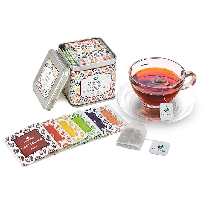 Octavius Tea Variety Pack ??25 Teabags | 6 Assorted Black & Green Teas | Premium Tea Sampler Box | Refreshing & Aromatic | Pack of 1
