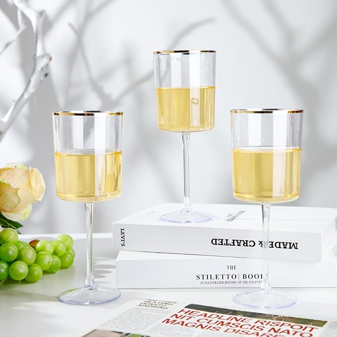 Ciaell 12 Pack Plastic Wine Glasses - 10 Oz Plastic Wine Glasses with Stem - Gold Rim Disposable Cups for Parties & Weddings & Poolside & Toasting & Outdoors & Thanksgiving