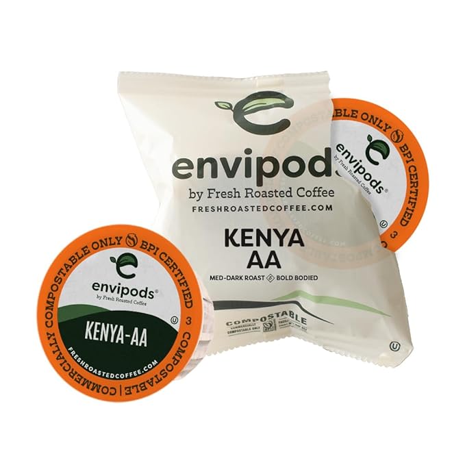 Fresh Roasted Coffee, Kenya-AA Compostable Envipods, Medium-Dark Roast, Kosher, 36 Count Individually Wrapped for Keurig K Cup Brewers | Not for use in Ninja or Hamilton Beach Brewers
