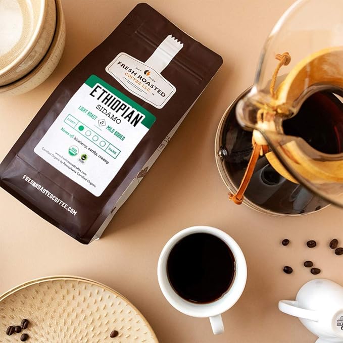 Fresh Roasted Coffee, Organic Ethiopian Sidamo | Fair Trade, USDA Organic, 100% Single Origin, Kosher | Light Roast 5 lb (80 oz) Whole Bean