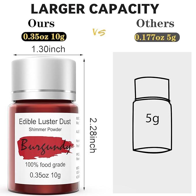 Burgundy Luster Dust Edible for Cakes Cocktails ??10g Colaele Edible Shimmering Dust for Chocolates, Metallic Food Coloring Powder for Cake Decorating Edible Glitter for Drinks, No Gluten,Vegan