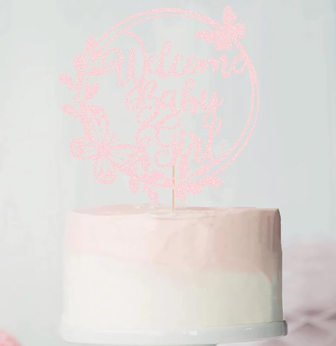 Welcome Baby Girl Cake Topper - Light Pink Glitter Baby Shower Cake Decorations, Baby Girl Cake Decor, for Baby Shower/Birthday Party/Gender Reveal Party Photo Booth Props