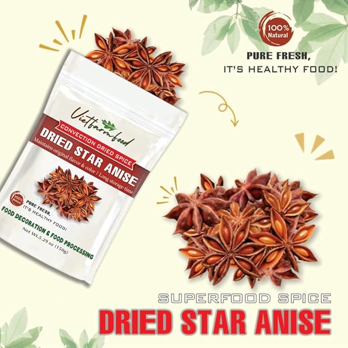 DRIED STAR ANISE 5.29 Oz (150g) VIETFARMFOOD: Natural pure, convection dried seasoning made from real vegetables - perfect for adding flavor to any meal, from cooking, baking, salads, soups, sauces