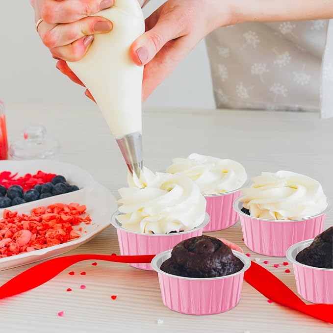 Lainrrew 50 Pack Pink Aluminum Foil Baking Cups with Lids, Disposable, Round, Perfect for Birthday, Wedding, Christmas & Other Occasions
