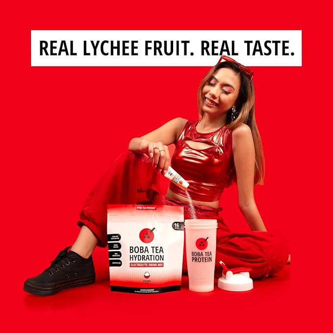Boba Tea Hydration | Electrolyte Powder Drink Mix | Lychee | 1000mg Electrolytes, Vitamin C | 16 Stick Packets
