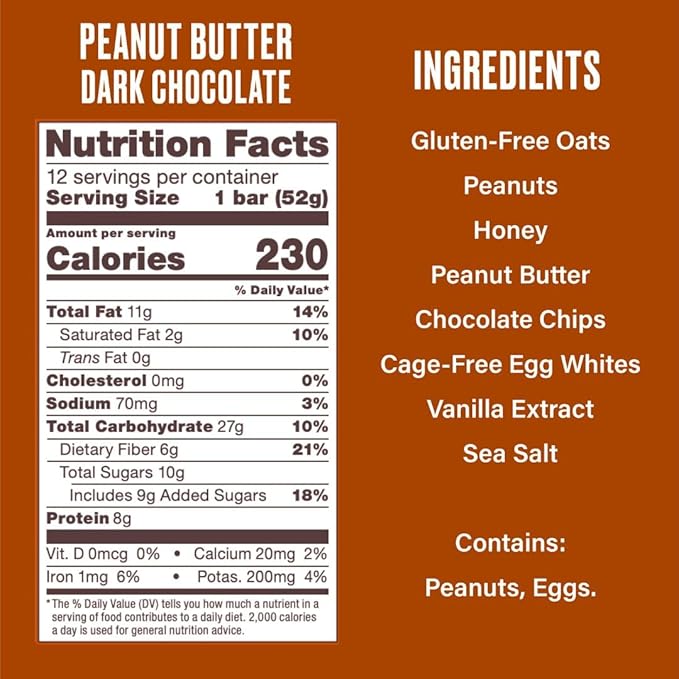 Over Easy Peanut Butter Dark Chocolate Soft and Chewy Oatmeal Breakfast Bars - Granola and Protein Bars - 12 Energy Snack Bars - Clean, Gluten Free, Dairy Free, Soy Free and Kosher