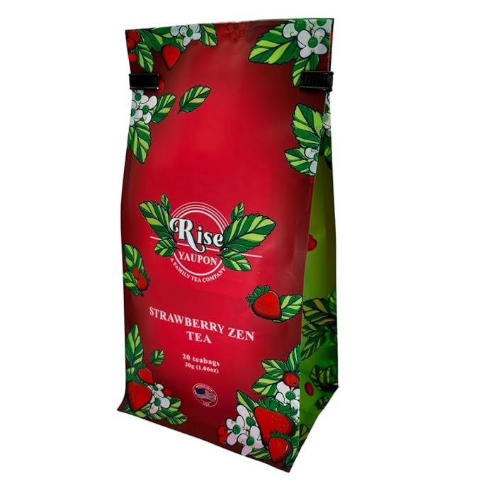 Rise Yaupon Strawberry Zen Yaupon Holly Tea, 20 Tea Bags, 1.06 oz, Caffeinated Yaupon Holly with Real Strawberry, Lemongrass and Natural Flavor