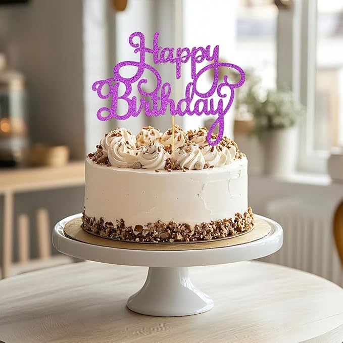 1 PCS Happy Birthday Cake Topper Glitter Purple Anniversary Cake Picks Happy Birthday Cake Decorations for Baby Shower Celebrating Birthday Party Decorations Supplies