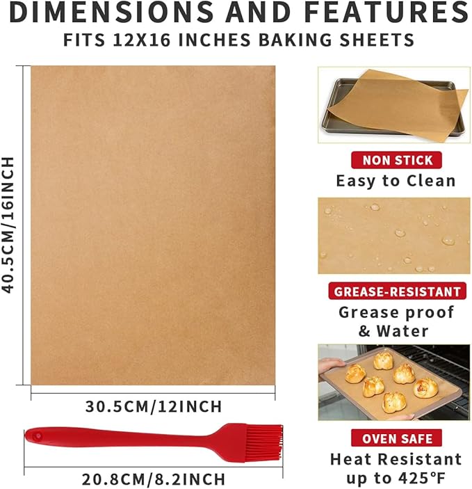 300 PCS Parchment Paper Sheets, YULEER 12x16 Inches Non-Stick Precut Baking Parchment with Silicone Brush, Unbleached Baking Sheets, Half Sheet for Baking Cooking Grilling Roasting, Bread Cookie Cake