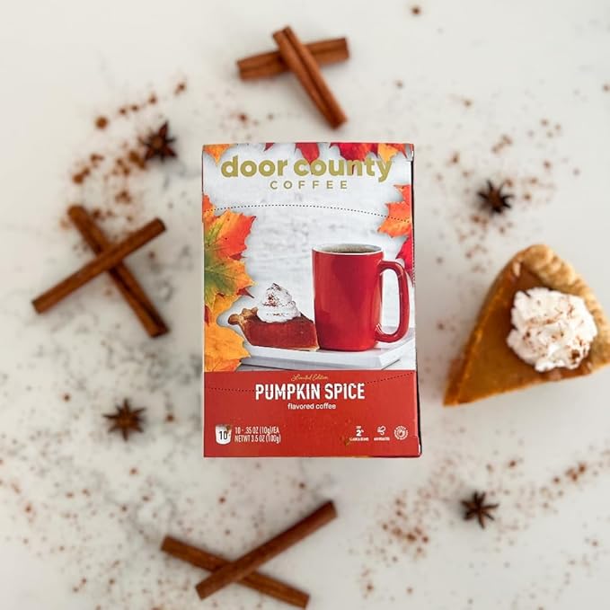 Door County Coffee Pumpkin Spice Fall Flavored Ground | 10 Count Single Serve Cups | Medium Roast | 100% Specialty Arabica | Flavored Gourmet | Cinnamon & Nutmeg