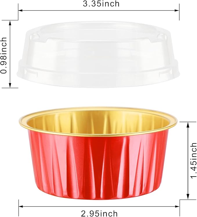 EUSOAR Dessert Cups with Lids, 30pcs 5oz Disposable Aluminum Tin Foil Ramekins Cupcake Baking Cups Containers Wrappers with Lids, Mini Aluminum Cheesecake Pan Creme Brulee Ramekins-Red+Gold