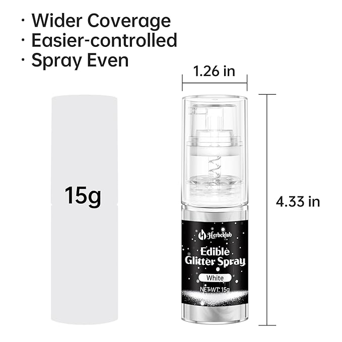White Edible Glitter Spray - Herbeklab 15g Edible Glitter for Cakes, Food Grade Metallic Shimmer Powder, Edible White Spray for Cookie Decorating, Chocolate, Strawberries