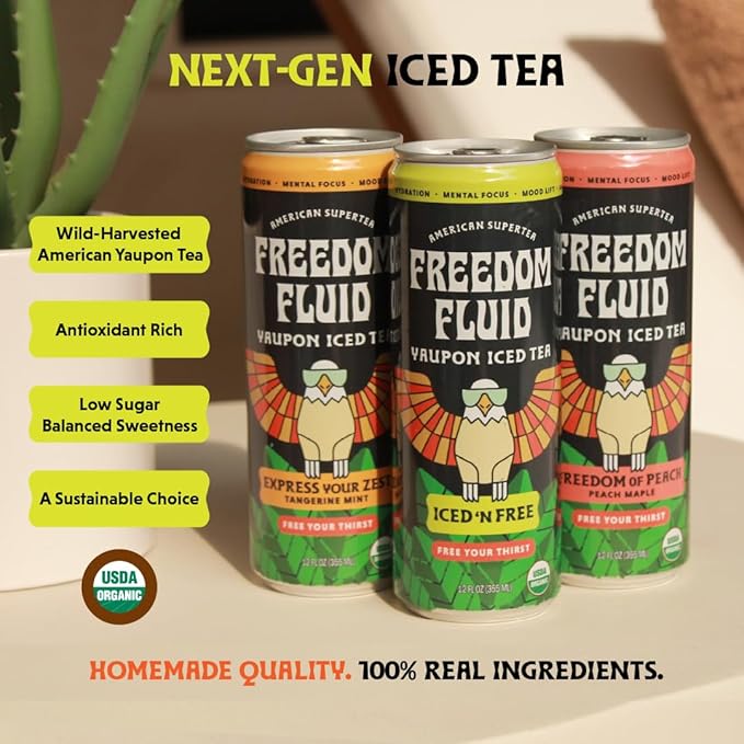 Freedom Fluid Yaupon Iced Tea – Refreshing & Slightly Sweet Organic Yaupon Tea – Variety 12 Pack (12 oz cans) – Antioxidant Rich, Natural Caffeine, Low Calorie, Low Sugar Herbal Tea Drink