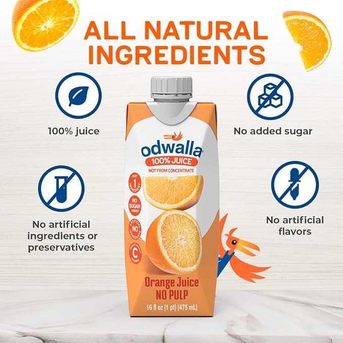 Odwalla Orange Juice, No Pulp - 100% Pure Orange - Vitamin C - No Added Sugar, No Artificial Ingredients, No Preservatives ??16 fl oz of OJ Juice (12 Pack)