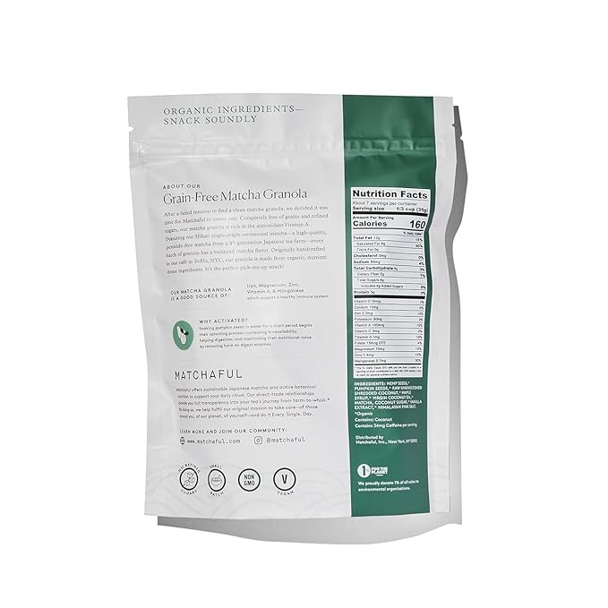 Matchaful - Original Matcha Granola - Activated, Grain Free, Organic Ingredients - Vegan, No Refined Sugar, No GMO - Gluten Free Granola Mixed with our Hikari Single Origin Matcha - 8oz Bag, 6pk