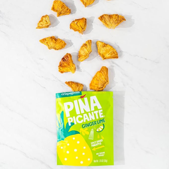 Crispy Green Pi챰a Picante, Ginger Lime Dried Pineapple, Healthy Real Fruit Snacks, 1.76 Ounce, 12 Single Serve Bags