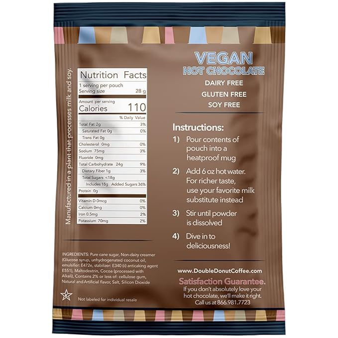 Double Donut Dairy Free Hot Chocolate Mix, Non Dairy Instant Vegan Hot Chocolate Packets, 30 Count (Pack of 1)