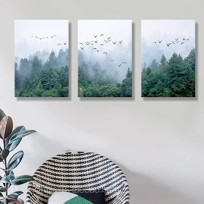 Canvas art Green forest art Nordic home Decoration Forest landscape Natural art Canvas print poster Bedroom bathroom mural 30cmx40cm x3 panel Frame canvas Wall art for modern living room Decoration